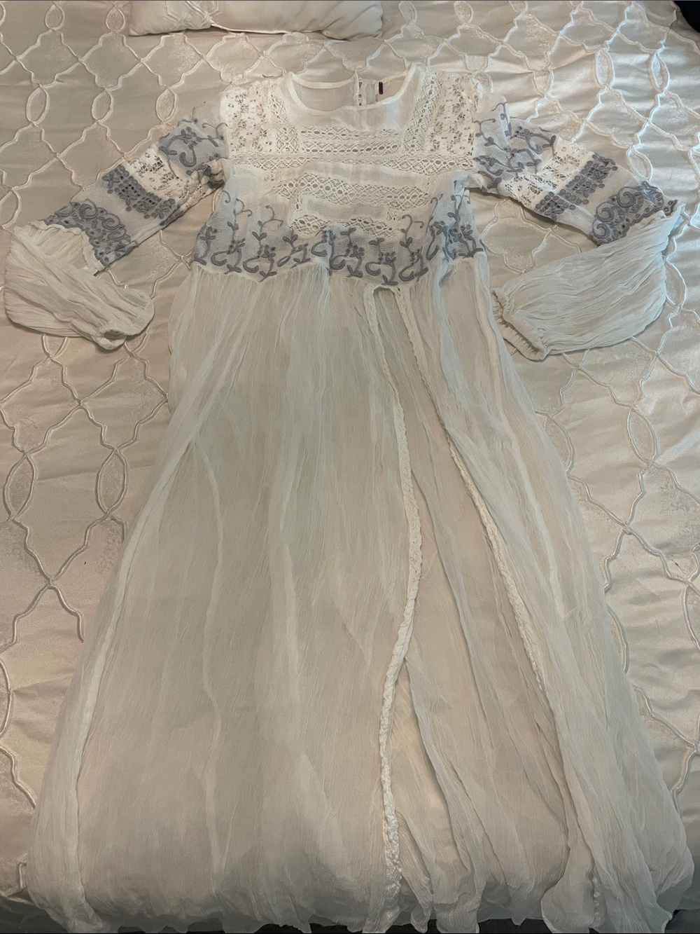 Free People White Sheer Maxi Chemise with Blue Embroidery